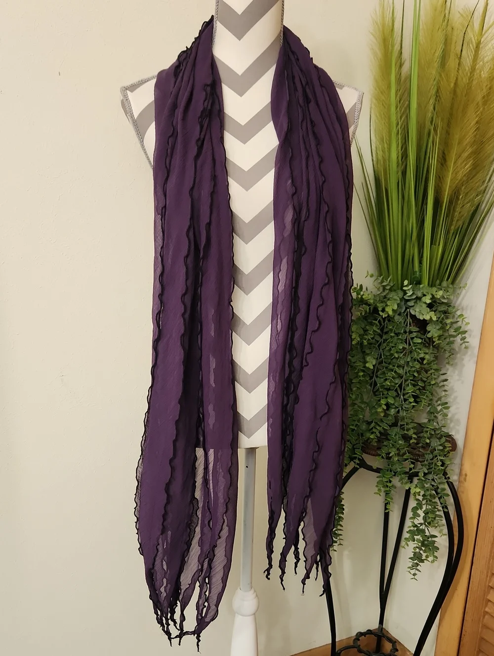 Coldwater Creek Eggplant Purple Scarf with Black Edge